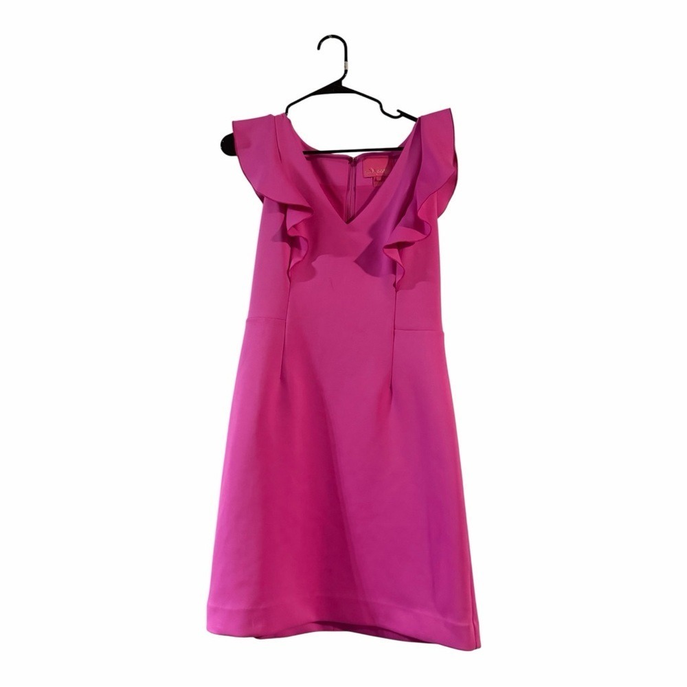 Lilly Pulitzer Sicily Shift Dress in Mandevilla Pink Ruffle Sleeve V-Neck Size 8 - Picture 4 of 7